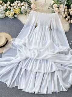 Puff Sleeve Slash Neck Off Shoulder White Chiffon Dress     size Bust(cm) Waist(cm) Sleeve(cm) Length(cm)   Free 60-90 60-96 64 113 Cottagecore Dresses Aesthetic, Y2k Prom Dress, White Dress Spring, Chiffon White Dress, White Boho Dress, Cottagecore Dress, Dress Aesthetic, Autumn Clothes, White Chiffon