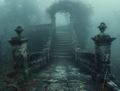 an old stone staircase in the middle of a foggy forest