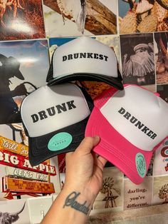 Drunker Vacation Trucker Hat, Party hat, Bachelorette Hat, Birthday Gift Hat, 21 Birthday Gift, Let's Get Nashty Hat, Funny Gifts under 30 Make any night out or any errand-run a party with this fun Drunker Hat! Crafted from 100% nylon mesh, it's perfect for bachelorettes, girls night out, or just a little sassy flair any time you're out and about. Get ready to let the good times roll! (And drink responsibly!)                           Nashville Style Trucker Hat | Bachelorette Girls Weekend Hat Novelty Mini Hats For Birthday, Novelty Mini Hats For Birthday, One Size Fits Most, Novelty Mini Hats For Birthdays, One Size Fits Most, Novelty Mini Hats For Birthdays, Summer Snapback Hats For Birthday, Summer Birthday Snapback Hat, Fun Party Snapback Baseball Cap, Fun Snapback Baseball Cap For Parties, White Trucker Baseball Cap For Party