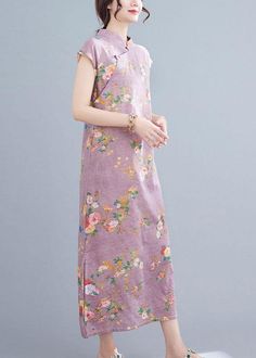 Natural Light Purple Print Button Oriental Mid Dress Summer Cotton Dress - SooLinen Spring Purple Dresses With Button Closure, Spring Purple Dress With Button Closure, Casual Purple Short Sleeve Maxi Dress, Pink Short Sleeve Maxi Dress With Buttons, Purple Spring Dress With Button Closure, Summer Purple Cotton Midi Dress, Purple Short Sleeve Dress With Buttons, Casual Purple Dress With Button Closure, Purple Cotton Dress With Buttons