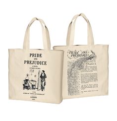 "* Printed with Direct to Garment textile printer, creating soft to touch (i.e no layer on top of the shirt) full-color print that does not fade. Not an iron-on or heat transfer! * Design is inspired by the cover page of 1813 Pride and Prejudice first edition. The front and back illustration are by Hugh Thomson included in the novel's 1894 edition. * Printed on natural color durable 10-ounce, 100% cotton twill tote available in two sizes: LARGE Long handle tote: 15.5\"h x 14.5\"w x 7\"d; Approx. Back Illustration, Jane Austen Gifts, Library Bag, Classic Book, Literary Gifts, Bookish Gifts, Eco Bag, Gifts For Readers, Pride And Prejudice