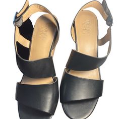 Black Black Sandals With Removable Insole For Work, Black Sandals With Leather Footbed And Block Heel, Black High Heel With Leather Footbed, Black High Heel Heels With Leather Footbed, Black High Heels With Leather Footbed, Black Leather Sandals For Work, Black Strappy Wedges, Gold Strappy Sandals, Wedges Black