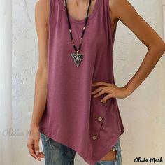 Olivia Mark - Asymmetric Hem Tank Top, Sleeveless Crew Neck Casual Top For Summer & Spring, Women's Clothing Summer Vest Top With Asymmetrical Hem, Casual Asymmetrical Tank Top For Summer, Casual Pink Asymmetrical Top, Casual Pink Top With Asymmetrical Hem, Pink Asymmetrical Top For Summer, Pink Asymmetrical Summer Top, Solid Tank Tops, Top For Summer, Top Sleeveless