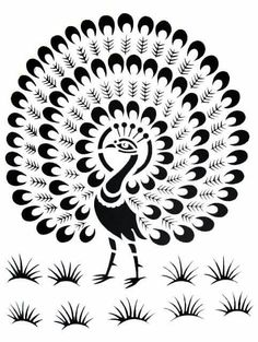 a black and white drawing of a peacock