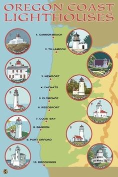 the oregon coast lighthouses map is shown