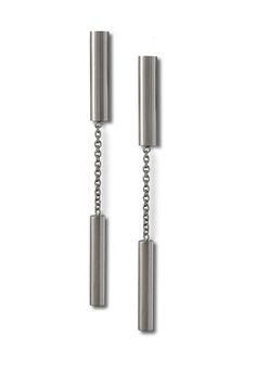 Silver Earrings - From the artists CYLINDERS jewelry collection, which melds linear and circular for a perfectly elegant look.  Handmade in sterling silver, these Cylinder and Chain Earrings are long and sexy. Combines high polish and matte finishes.  Backs are post 14k white gold posts and backs.   Also available in 14k yellow and 14k white gold upon special request. Modern Long Drop Linear Earrings With Adjustable Chain, Modern Linear Long Drop Earrings With Adjustable Chain, Modern Long Drop Earrings With Adjustable Chain, Modern Drop Earrings With Silver Chain, Modern Silver Linear Earrings With Adjustable Chain, Modern Silver Chain Drop Earrings, Modern Long Drop Cable Chain Jewelry, Modern Long Drop Box Chain Jewelry, Modern Long Drop Jewelry With Cable Chain