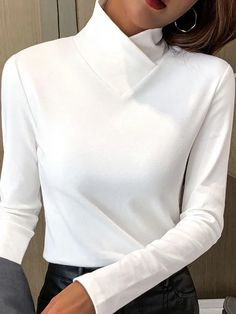 Women's Long Sleeve Tee T-shirt Spring/Fall Plain Daily Going Out Casual Top Black Mock Neck And T Shirt, Mock Neck Long Sleeve, Slim Fit Top, Long Sleeve Tops Casual, Weekend Style, Long Sleeve Tees Women, Outfit Combinations, Spring Shirts, Black White Pink