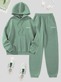 Mint Green Casual Collar Long Sleeve  Letter  Embellished Slight Stretch  Women Co-ords Jogger Outfit, Stylish Hoodies, Fashion Top Outfits, Cute Dress Outfits, Joggers Outfit, Cute Lazy Outfits, Lined Hoodie, Hoodie And Sweatpants, Lazy Outfits