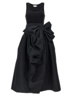 Tank midi dress in stretch cotton with wide taffeta skirt with maxi bow. Composition: 92% cotton, 8% elastane | Alexander Mc Queen Women's Bow Midi Dress in Black | SS24 Taffeta Skirt, Traditional Dresses Designs, Mc Queen, Glam Rock, Traditional Dresses, Stretch Cotton, Alexander Mcqueen, Designer Dresses, Alexander