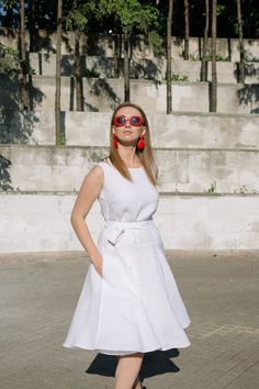 White linen dress is a perfect option for sunny summer day, it's comfortable, airy and simple. Our romantic dress is close to the body and has flare, wide skirt with side seam pockets and belt, for more defined shape. This dress will be Your perfect capsule wardrobe item. Made from washed midweight linen, manufactured in EU. DRESS DETAILS: ● Fabric: 100% midweight washed linen (185-200 g/m Oeko-Tex certified linen. ● Color: white. ( You can choose a different color) Please note that actual color Summer Daywear Belted Dresses, Summer Belted Dress For Daywear, Summer Belted Dresses, Chic A-line Linen Dress, Spring A-line Belted Dress, Chic Sleeveless A-line Linen Dress, Belted Linen Dress For Daywear, Summer Knee-length Belted Dress, Summer Knee-length Belted Dress For Day Out