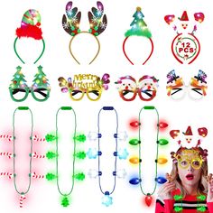 PRICES MAY VARY. Festive Christmas Designs: The Blowata Christmas LED party pack includes 4 Christmas headbands featuring classic holiday symbols like reindeer antlers, Christmas trees, and elf hats. Each pack also comes with 4 Christmas light necklaces and 4 pairs of glasses in assorted festive designs, such as candy canes, snowflakes, and Santa motifs. Universal Comfort Fit: Crafted for universal comfort, our Christmas accessories pack features one-size-fits-all designs. The headbands are made Cheap Customized Christmas Necklaces, Christmas Beaded Necklaces With Colorful Beads For Gift, Adjustable Christmas Festive Necklaces, Led Christmas Headband, Christmas Lights Necklace, Christmas Light Necklace, Holiday Symbols, Christmas Glasses, Christmas Necklace