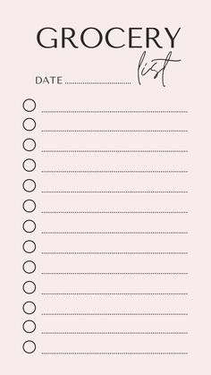 a printable grocery list with the words grocery written in black ink on pink paper