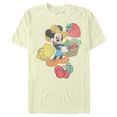 a mickey mouse t - shirt with fruit and vegetables on the front, in white