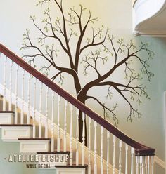 a staircase with a tree painted on the wall