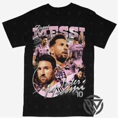 a black t - shirt with an image of two men and the words messi on it