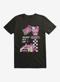 Lightweight 100% combined ring spun cottonWash cold; dry lowImportedListed in men's  unisex sizes Hello Kitty Race Car, Hello Kitty Shirt, Hello Kitty Gifts, Hello Kitty Birthday Party, Picture Wallpaper, Ready Set Go, Car T Shirt, Hello Kitty Birthday, Pink Kpop