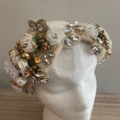 Tan Headband With Gold Accents Pearls Rhinestones Gorgeous! Perfect For A Wedding! Osfa Embellished Crown Headpiece For Weddings, Gold Embellished Headpieces For Wedding, Adjustable Rhinestone Headpiece For Party, Adjustable Party Headpiece With Rhinestones, Glamorous Adjustable Rhinestone Headpieces, Gold Crystal Embellished Headpieces For Wedding, Glamorous Crystal Embellished Headband, Glamorous Adjustable Headband, Glamorous Rhinestone Headpiece For Wedding