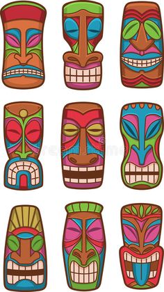 tiki masks with different designs and colors on the face, set of twelve pieces