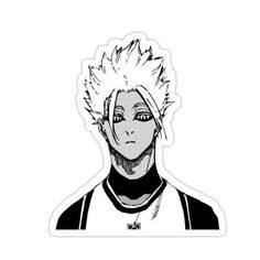 an anime character with white hair and black eyes is shown in the shape of a sticker