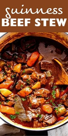 guinness beef stew in a pot with carrots and parsley on the side text reads guinness beef stew