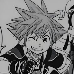 an image of two anime characters in black and white