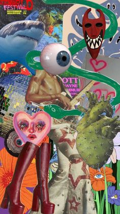 a collage of various images including an alien, heart shaped object and other items