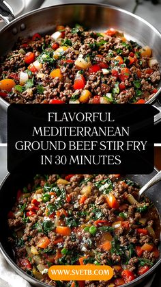 two pans filled with ground beef and veggies on top of each other