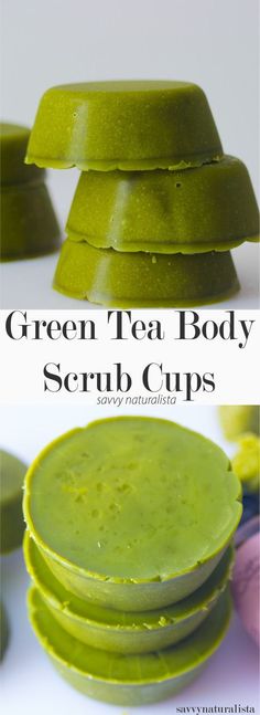 green tea body scrub cups are stacked on top of each other with the text overlay