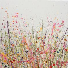 an abstract painting of flowers and grass on a white background