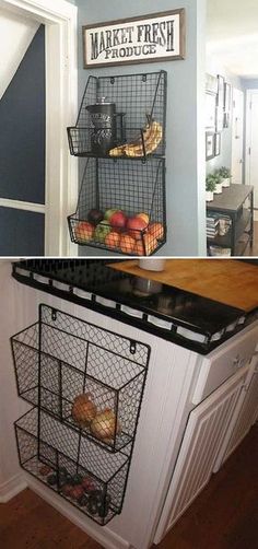 two pictures side by side, one has a wire basket and the other has fruit in it