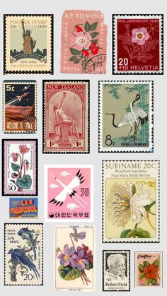 many different stamps with flowers and birds on them