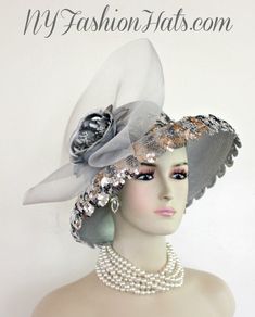 "Women's Silver Grey Metallic Silver Wide Brim Fashion Designer Haute Couture Hat Headpiece. This Ladies Dress Hat Is Trimmed With A Metallic Silver And Grey Millinery Flower, Surrounded By  A Large Sheer Horsehair Crinoline Bow. A Beautiful Thick Row Of Metallic Silver Scalloped Sequin Encircles The Crown And Lower Part Of The Brim On This Church Hat. This ladies bespoke formal hat is appropriate to wear for the Kentucky Derby, Melbourne Cup, Royal Ascot, horse races, horse racing, Church, wedd Special Occasion Hats, Church Lady Hats, Ladies Dress Hats, Braided Dress, Formal Hat, Royal Ascot Hats, Bridal Fascinator, Couture Hats, Ascot Hats