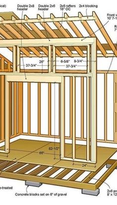 an image of a building with measurements for the roof and side walls, including framing