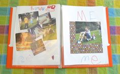 an open book with pictures and words on the cover, sitting on top of a table