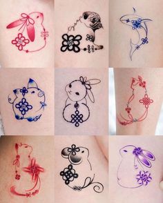 six different colored tattoos on the back of someone's stomach, all in different designs