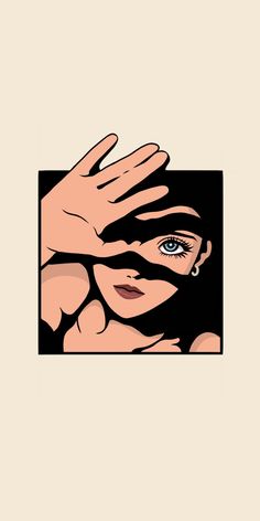 a woman's hand covering her face in front of an image of the eyes