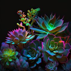 a bunch of colorful succulents are in the dark with bright lights on them