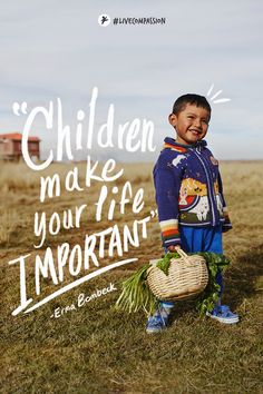 a little boy standing in the grass holding a basket and smiling at the camera with a quote written on it