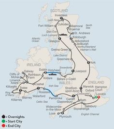 a map showing the route for scotland and ireland with all its major cities on it