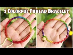 two colorful thread bracelets in the palm of someone's hand, with text overlay