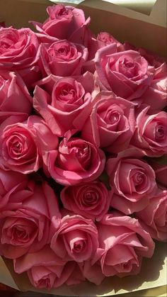 a bunch of pink roses in a box