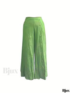 Bjux - High-Quality Womens Plus Size Casual Pants with Elastic and High Rise Design, Featuring Button Decor and Split Hem for Modern Style, Wide Leg Trousers with Convenient Pockets for Practicality Green Wide Leg Pants With Button Closure, Summer Green Pants With Buttons, Trendy Green Bottoms With Buttons, Green Summer Bottoms With Buttons, Stretch Pants With Button Closure For Summer, Spring Stretch Pants With Buttons, Green Bottoms With Button Closure, Trendy Green Bottoms With Button Closure, Green Trousers With Buttons