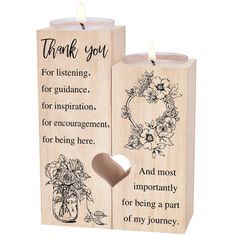 two wooden candles with the words thank you for listening, for guidance and for enquipment