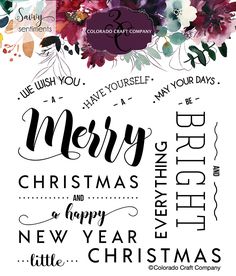 a christmas card with the words merry and happy in different font styles, including flowers