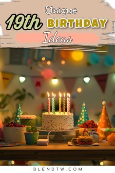 an image of birthday cake with candles on it and other food items in the foreground