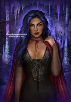 a digital painting of a woman with blue hair wearing a black corset and red cape