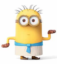 a cartoon minion with glasses and a blue bow around it's neck, standing in front of a white background