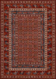 a red rug with an intricate design on the center and blue, beige, and brown colors