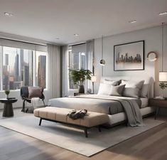 a bedroom with a large bed and lots of windows next to the cityscape