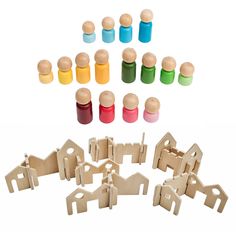 wooden pegs with different shapes and sizes for building houses, buildings, and more